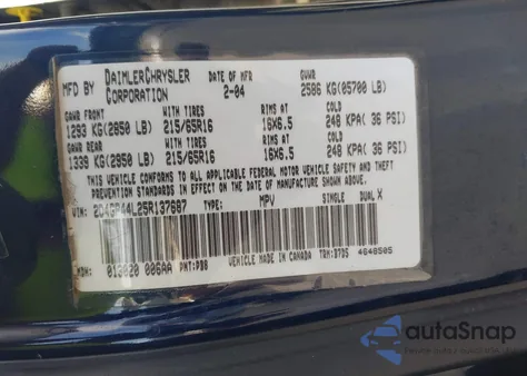 2005 Dodge Grand Caravan Sxt из США, поврежденный, VIN 2D4GP44L25R137687